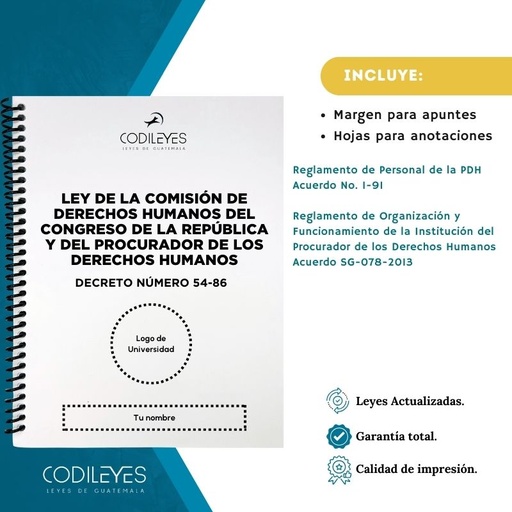 Admin-33 Ley De La Comisión De Derechos Humanos Del Congreso De La República Y Del Procurador De Los Derechos Humanos (Codi (Con espiral), Blanco, Con Nombre✅, Con Logo✅)