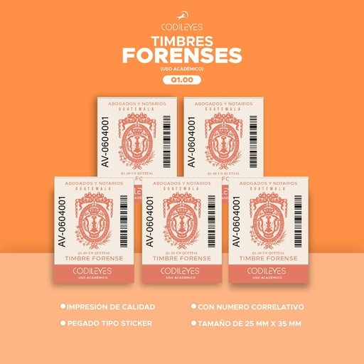 [TIMB-FOR-1] Paquete de 5 Timbres Forenses de Q1.00 (uso académico)